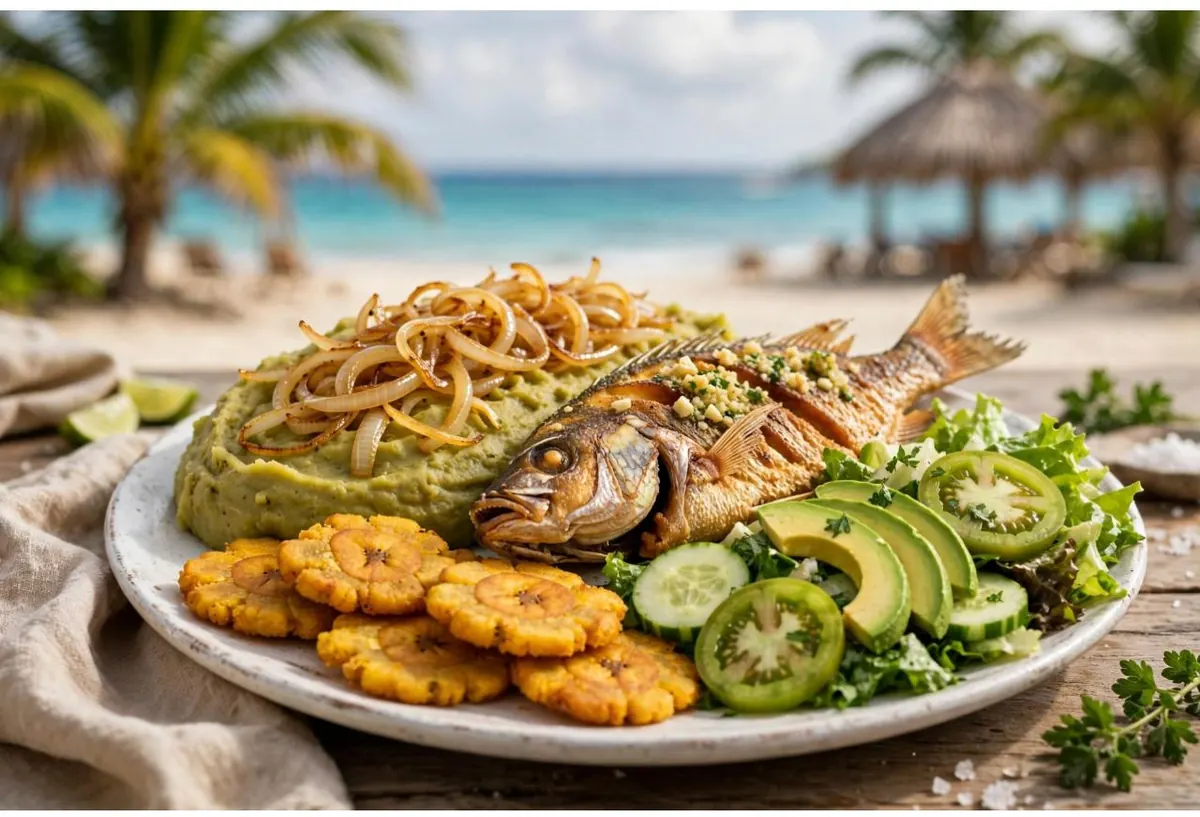 El Punta Cana: pescado entero frito en mojo de ajo con mangú de plátano verde, tostones y ensalada